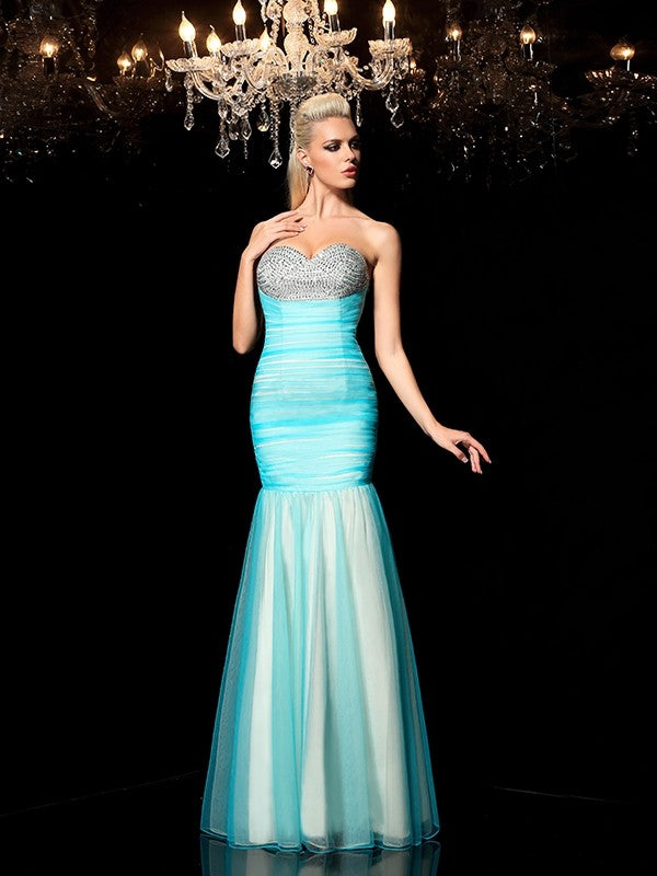 Sky Blue Tulle Mermaid Sweetheart Floor-Length Dress with Sequin Bodice
