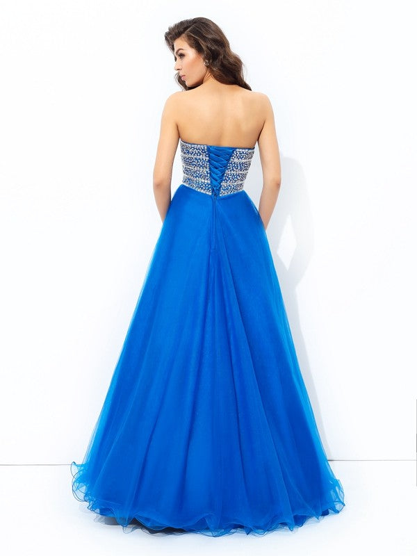 Vestidos largos de red sin mangas con lentejuelas y escote corazón de corte A/princesa