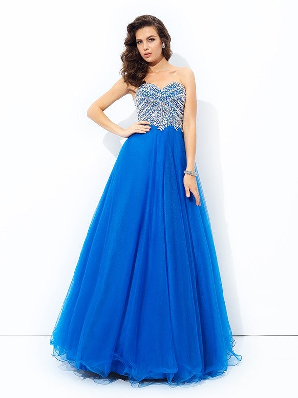 Vestidos largos de red sin mangas con lentejuelas y escote corazón de corte A/princesa
