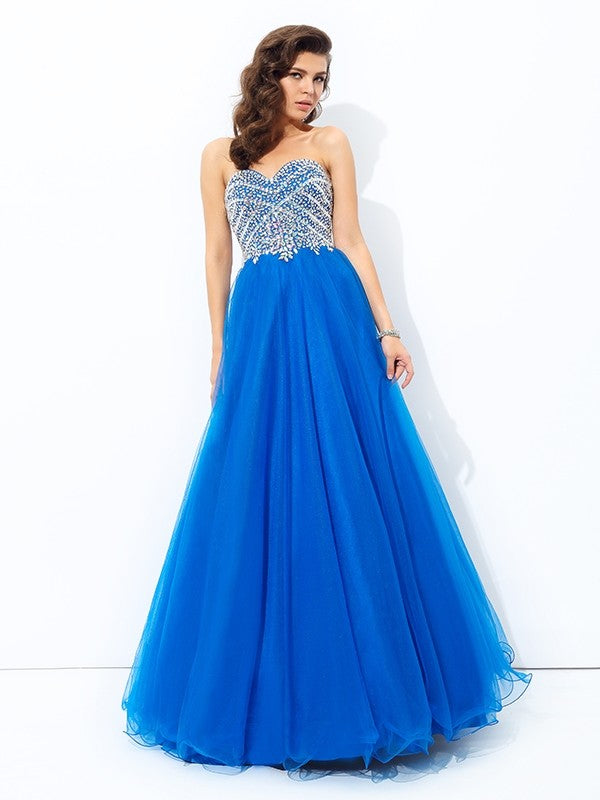 Vestidos largos de red sin mangas con lentejuelas y escote corazón de corte A/princesa