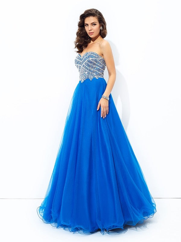 Vestidos largos de red sin mangas con lentejuelas y escote corazón de corte A/princesa