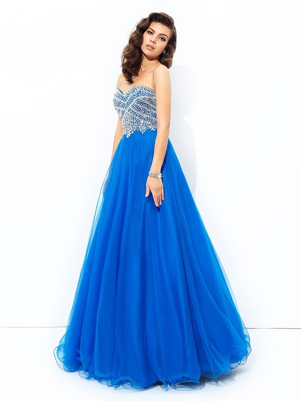 Vestidos largos de red sin mangas con lentejuelas y escote corazón de corte A/princesa