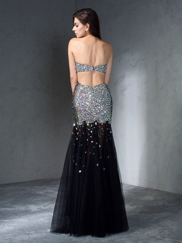 Abiti lunghi in raso senza maniche con paillettes e senza spalline a tubino/colonna