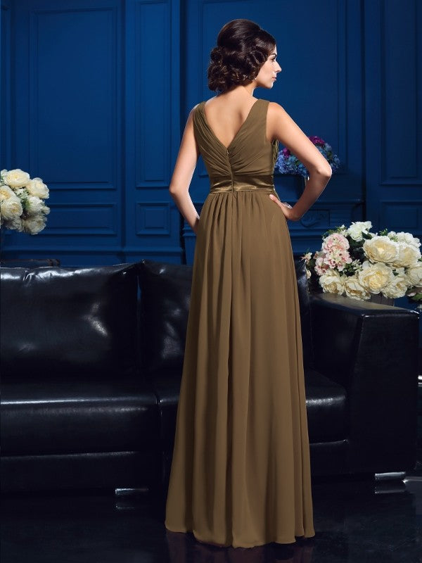 Vestidos de gasa largos para madre de la novia, corte A/princesa, escote en V, plisados, sin mangas