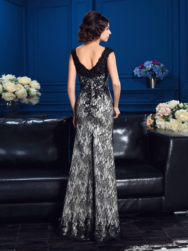 Vestidos de Madre de la Novia de Satén Largos Sin Mangas con Encaje y Escote en V y Vaina/Columna