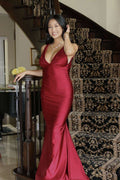 Chic Burgundy Satin Mermaid Deep V Halter Open Back Ruched Long Prom Dress