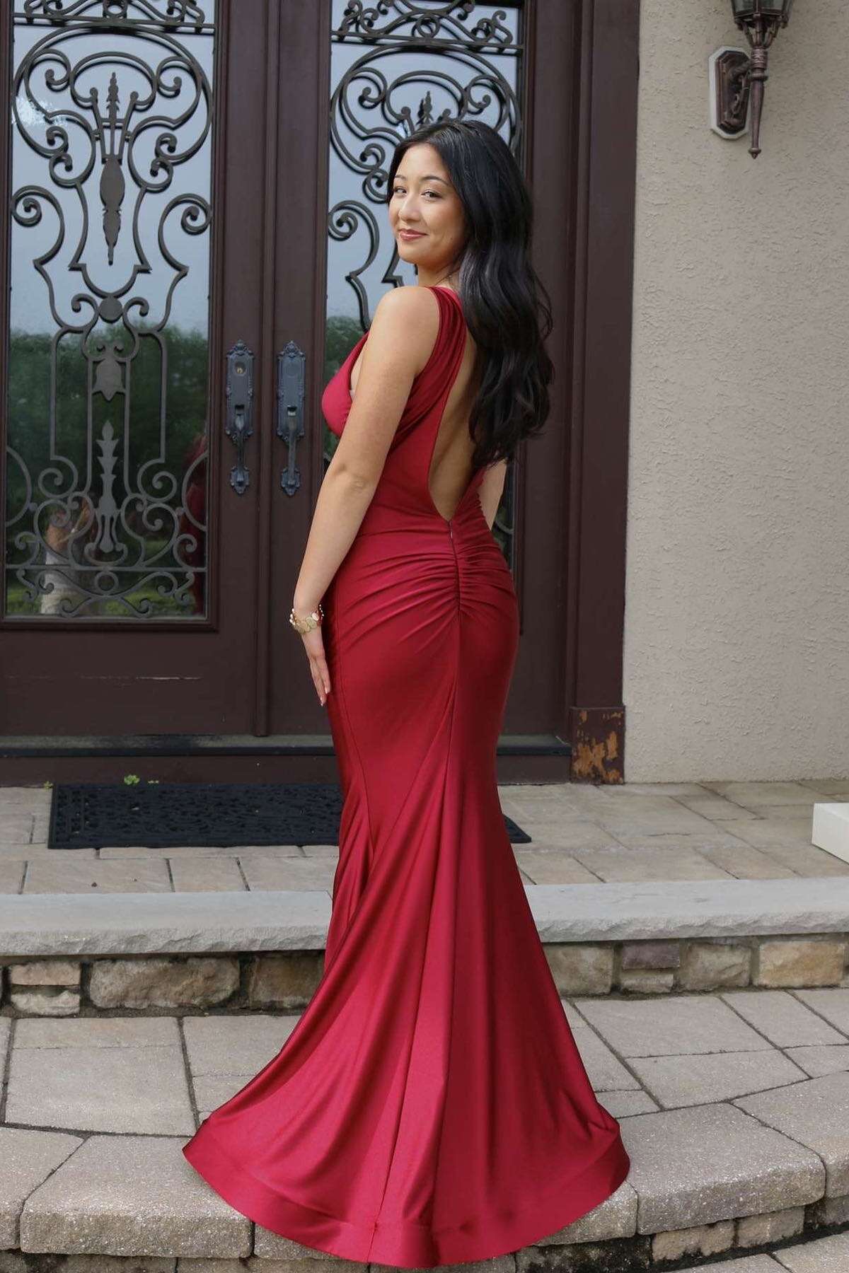 Chic Burgundy Satin Mermaid Deep V Halter Open Back Ruched Long Prom Dress