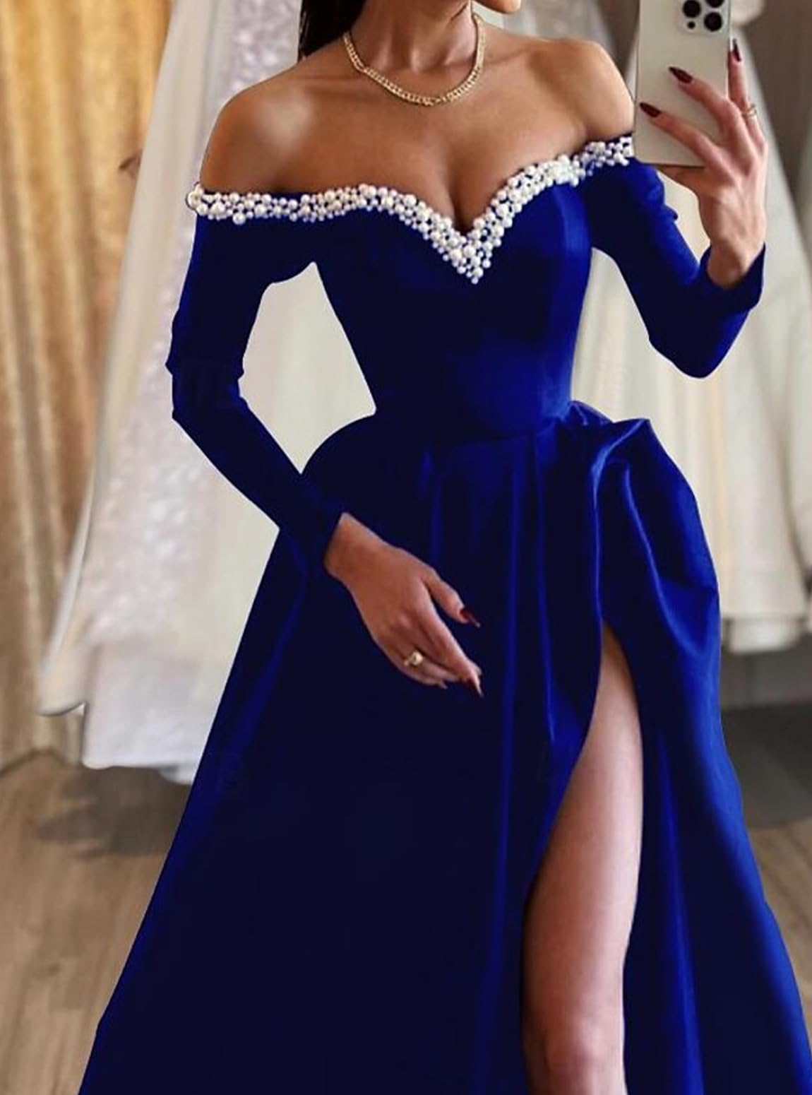 Black Satin Off-the-Shoulder A-Line Floor-Length Evening Dress