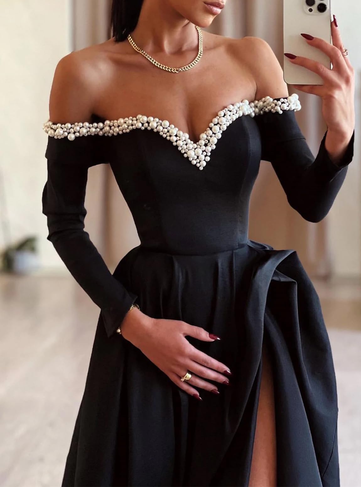 Black Satin Off-the-Shoulder A-Line Floor-Length Evening Dress