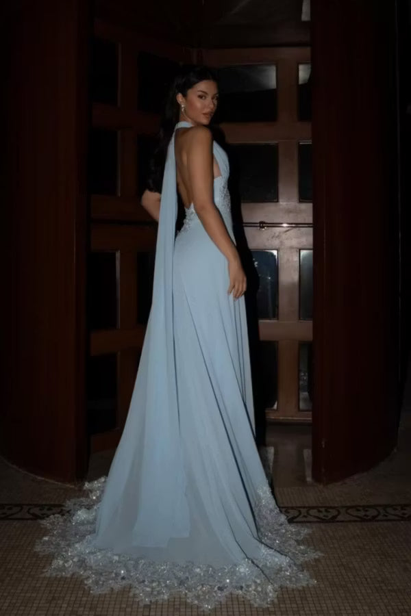 Sky Blue Chiffon and Lace A-Line Halter Low Back Floor Length Dress