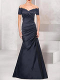 Vestido de novia sirena para mamá, elegante, estilo retro, con hombros descubiertos, escote en V, satén, encaje y volantes, 2025
