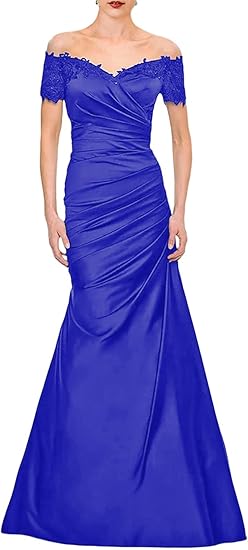 Dark Navy Satin Mermaid Off-the-Shoulder Floor-Length Dress for Evening Parties & Formal Events