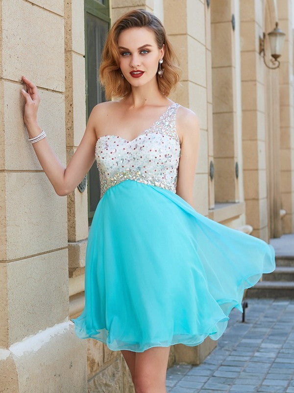 Abiti corti/mini in chiffon con perline, monospalla, senza maniche, stile principessa/a trapezio
