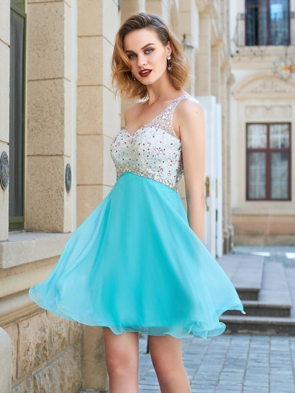 Abiti corti/mini in chiffon con perline, monospalla, senza maniche, stile principessa/a trapezio