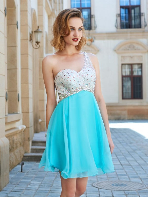 Abiti corti/mini in chiffon con perline, monospalla, senza maniche, stile principessa/a trapezio