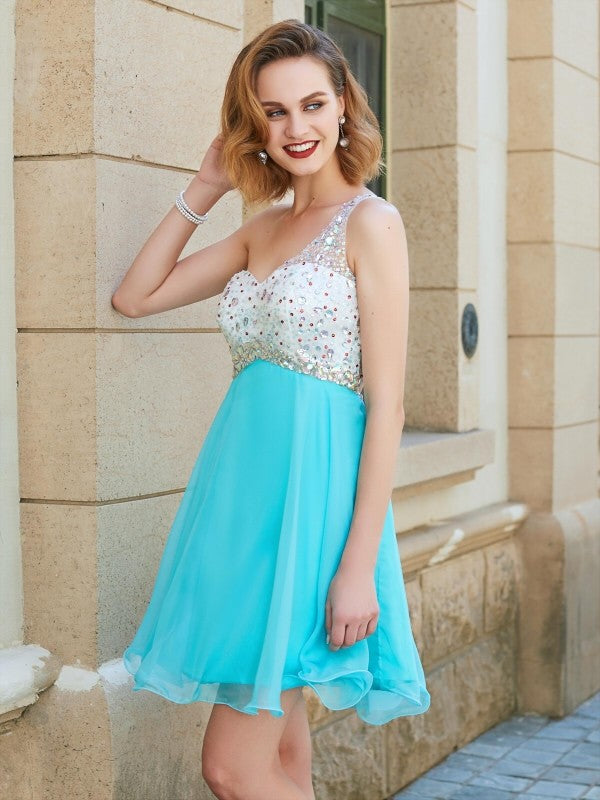 Abiti corti/mini in chiffon con perline, monospalla, senza maniche, stile principessa/a trapezio