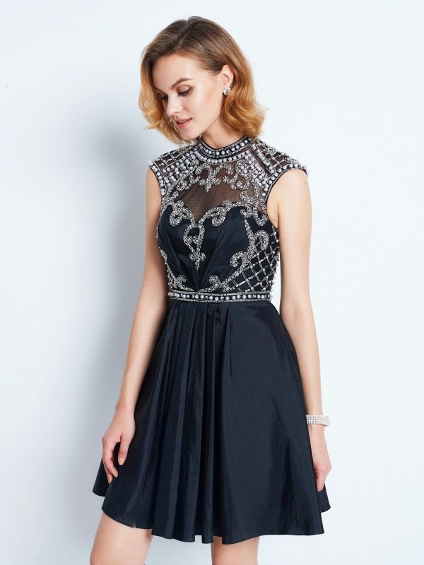 Vestidos de satén cortos/mini de corte A/princesa, sin mangas, cuello alto y cuentas