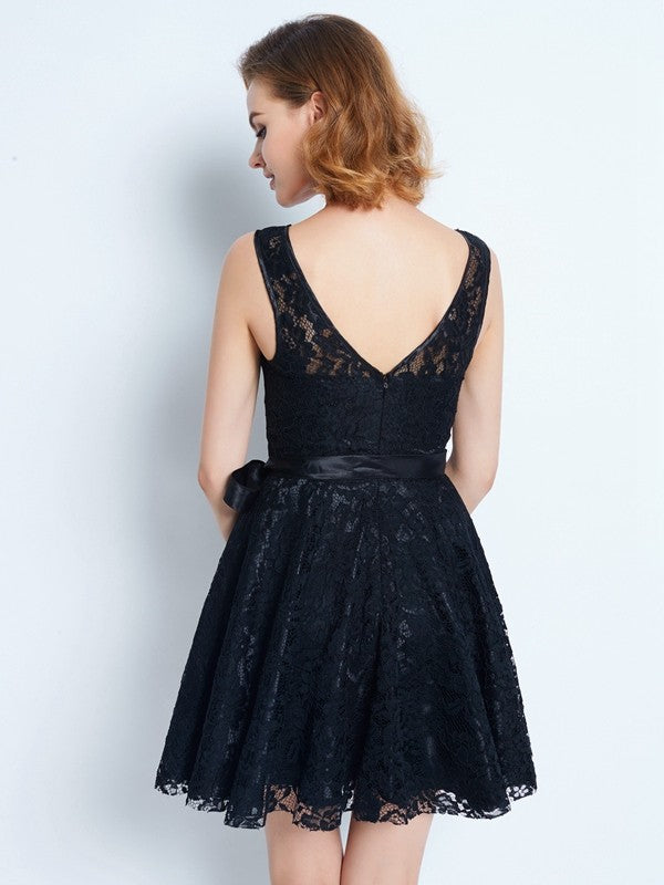 Vestidos cortos/mini de corte A/princesa, con escote redondo, encaje, sin mangas, con faja/cinturón/cinturón