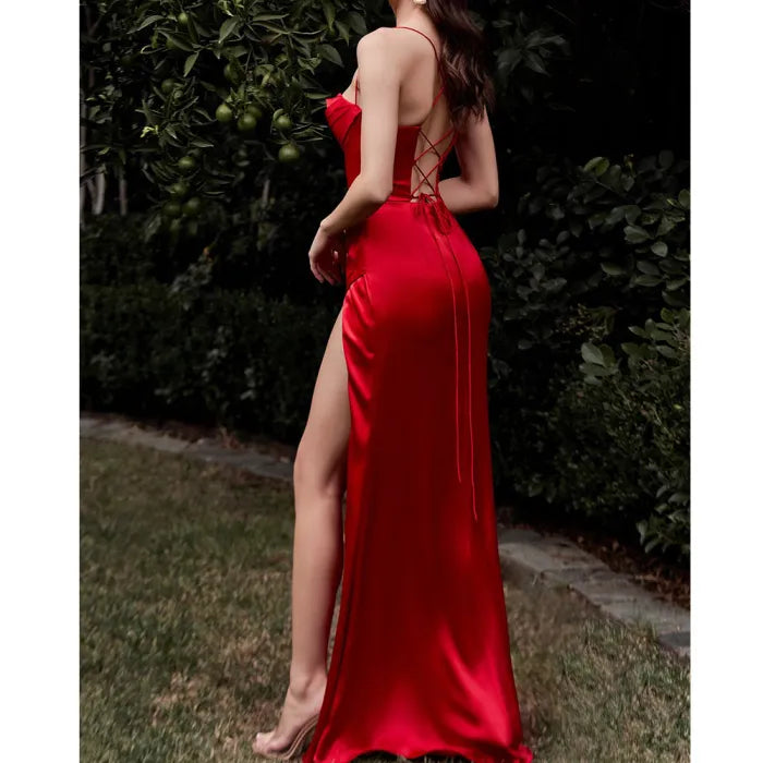 Vestido de fiesta de boda con hombros descubiertos y abertura sexy de color liso para mujer