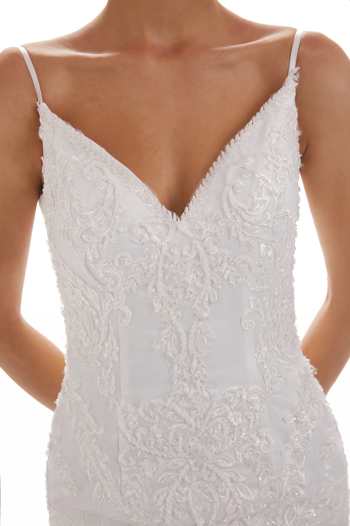 Ivory Lace Mermaid Bridesmaid Dress with V-Neckline