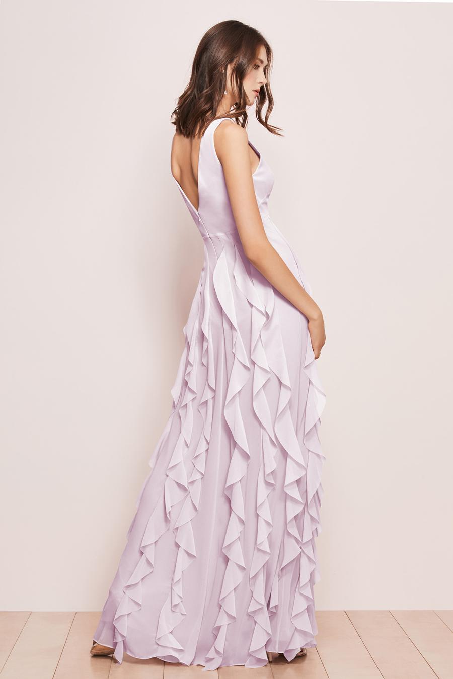 Lilac Satin A-Line Floor-Length Bridesmaid Dress with Deep V-Neck and Layered Ruffles