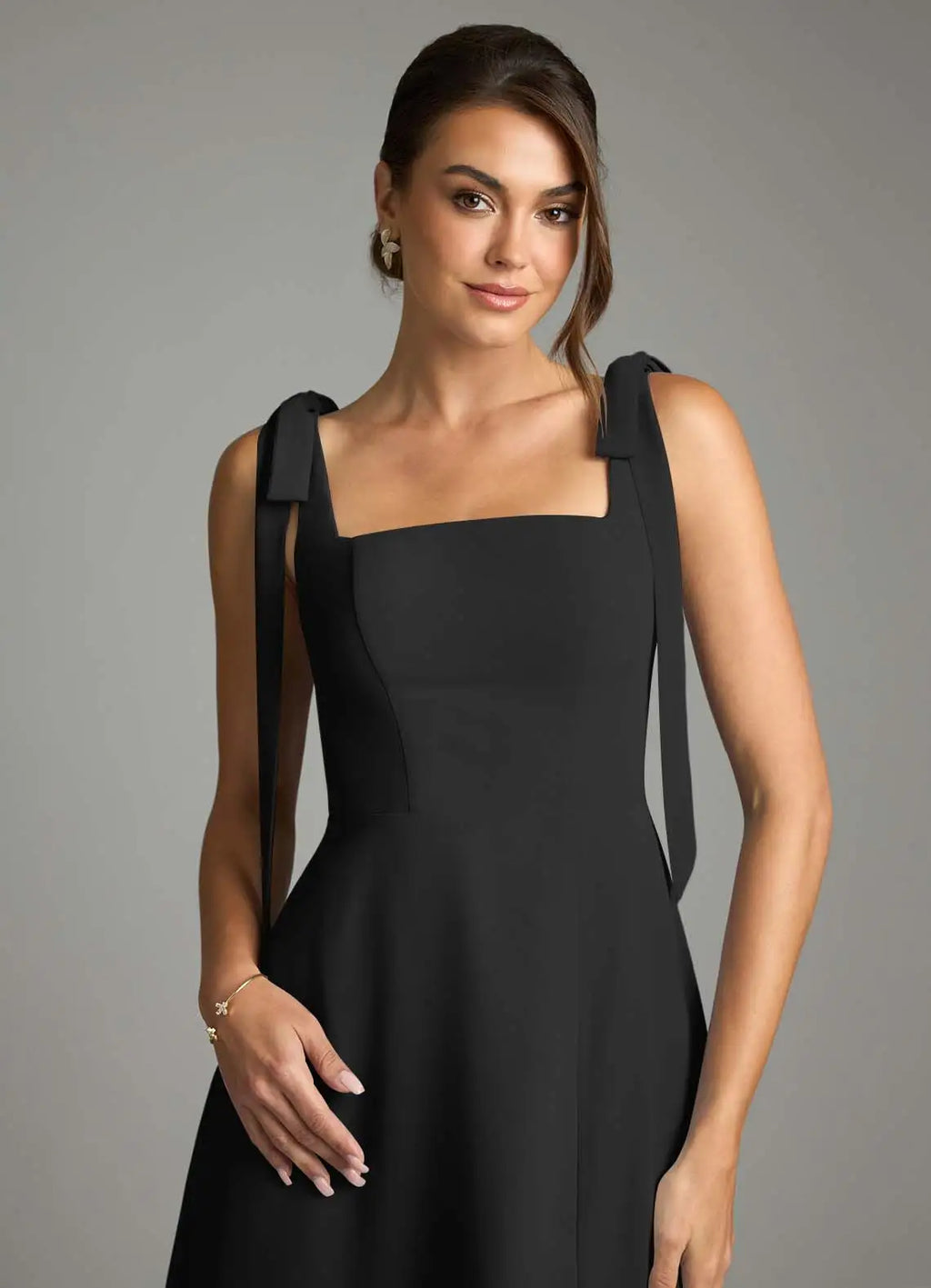 Black Crepe A-Line Square Neck Floor-Length Bridesmaid Dress with Tie-Shoulder Straps