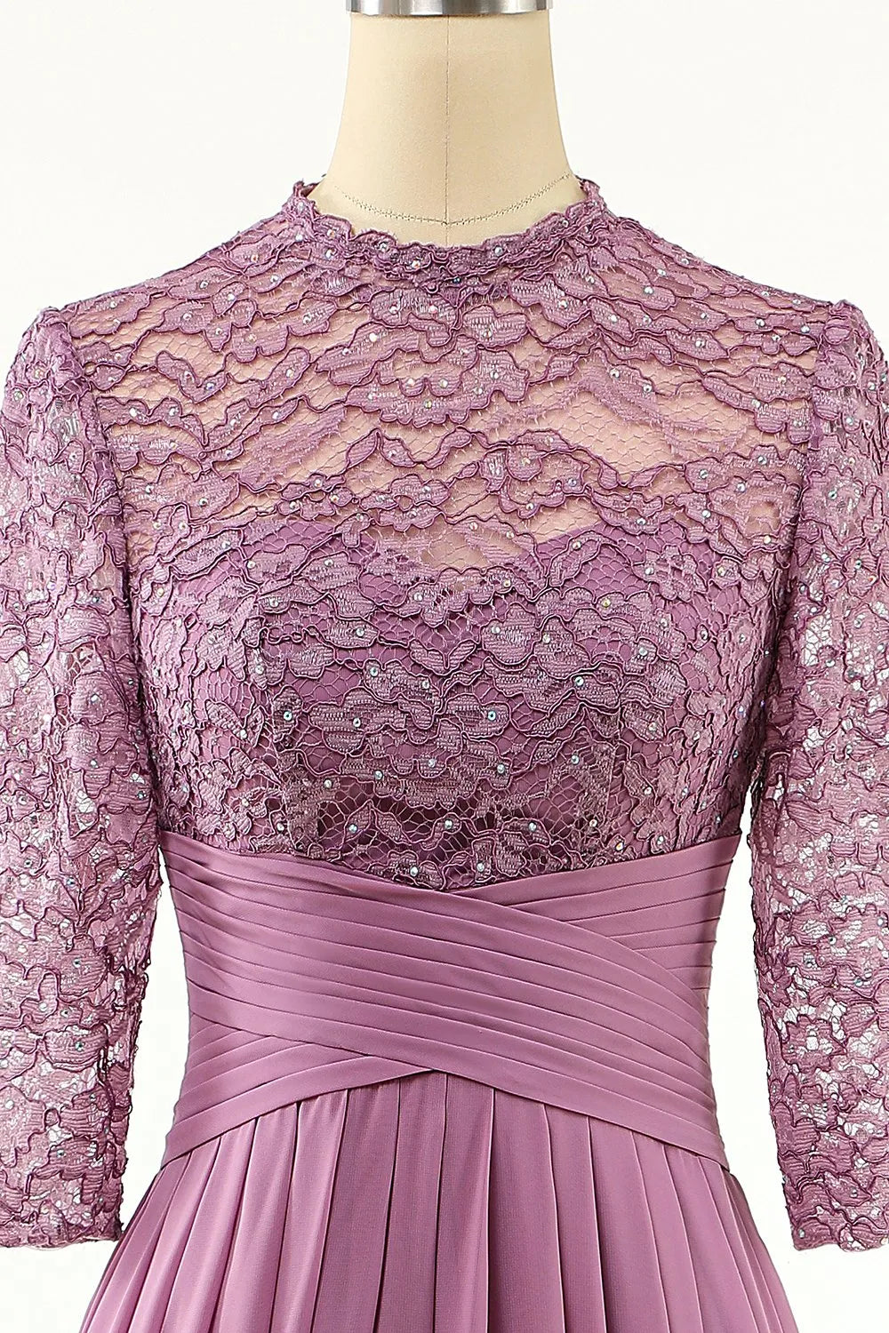 Lavender High Neck A-Line Chiffon Floor-Length Gown with Lace Bodice