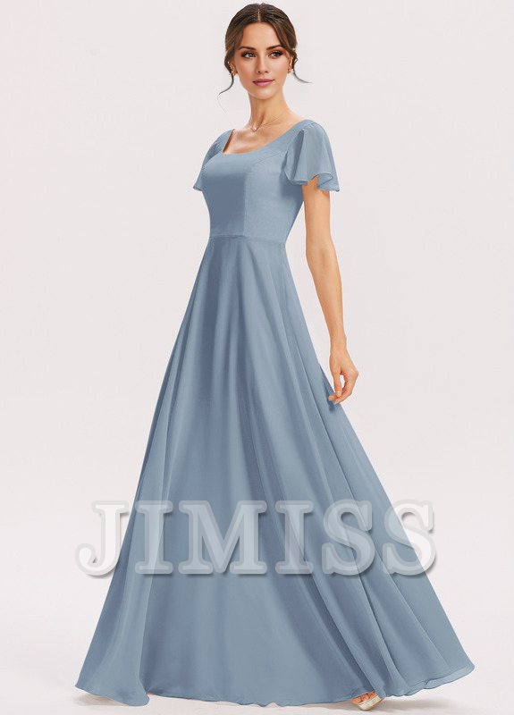 Vestido de dama de honor de gasa con volantes escalonados, corte A, cuadrado, largo hasta el suelo