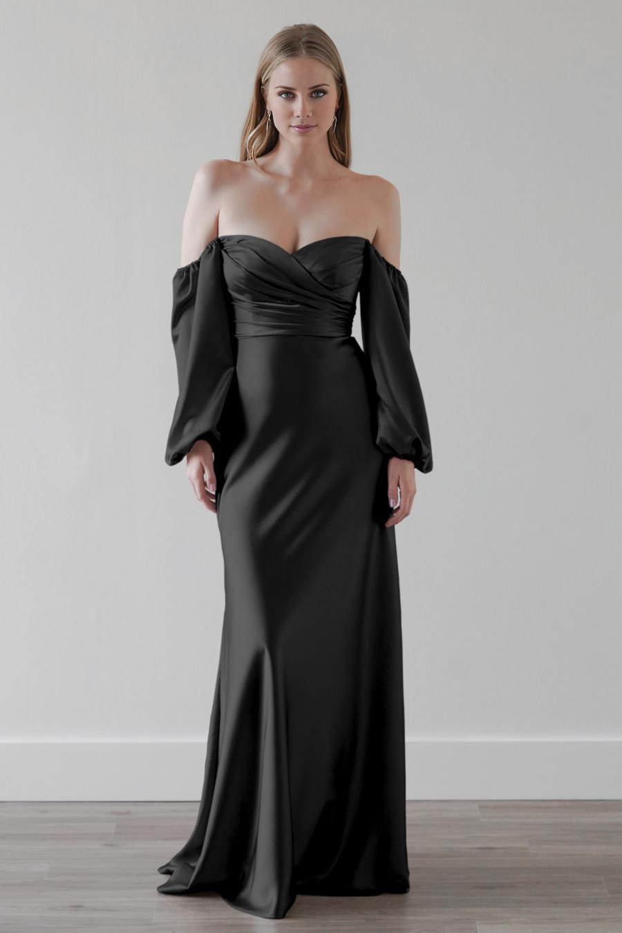 Vestido de noche Jimiss con hombros descubiertos, sin tirantes, de manga larga, sin espalda y largo hasta el suelo