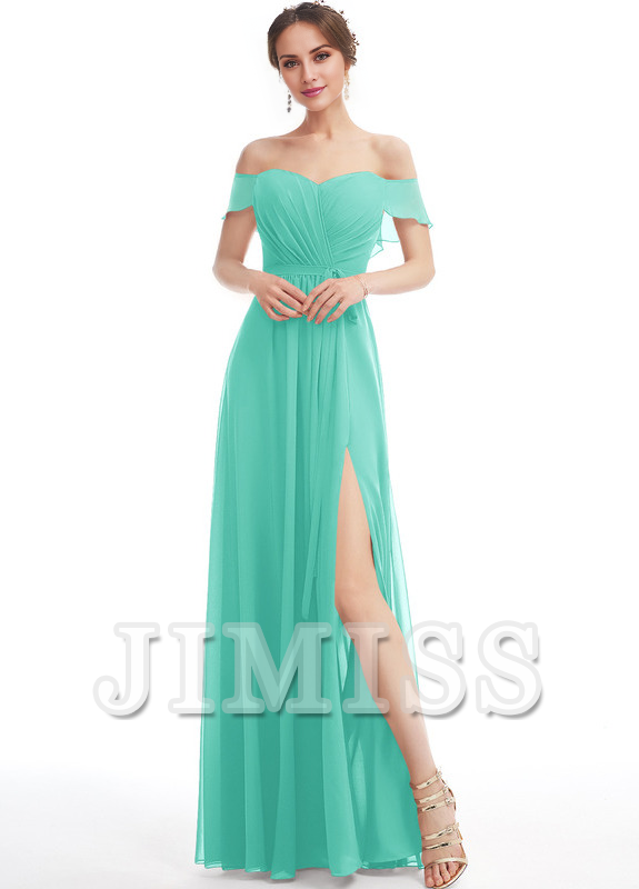 Dark Navy Chiffon A-Line Bridesmaid Dress | Sweetheart Neckline & Off-the-Shoulder Sleeves
