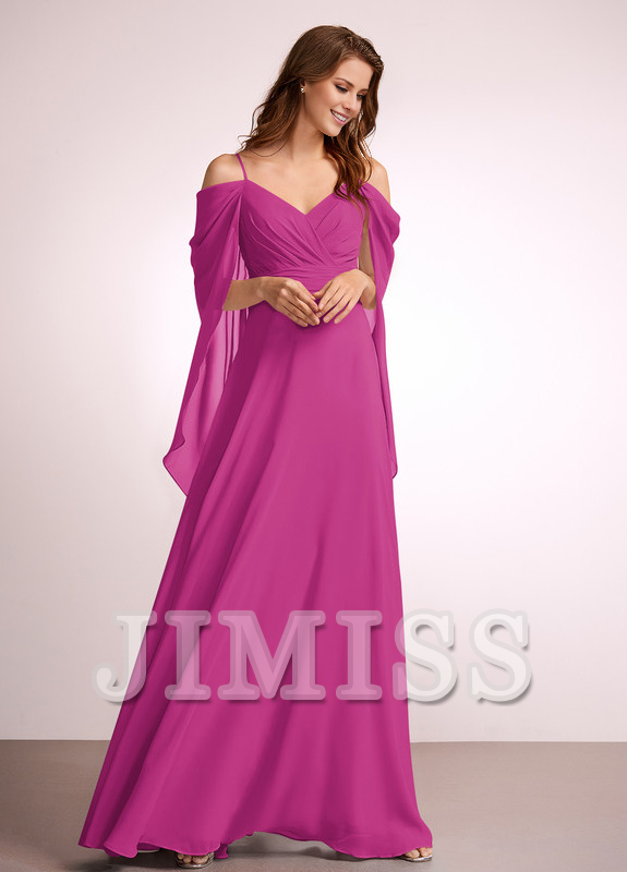 Abito da damigella d'onore in chiffon lungo fino a terra, con spalle scoperte e linea ad A