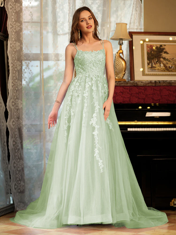 Sky Blue Floral Lace A-Line Floor-Length Bridesmaid Dress