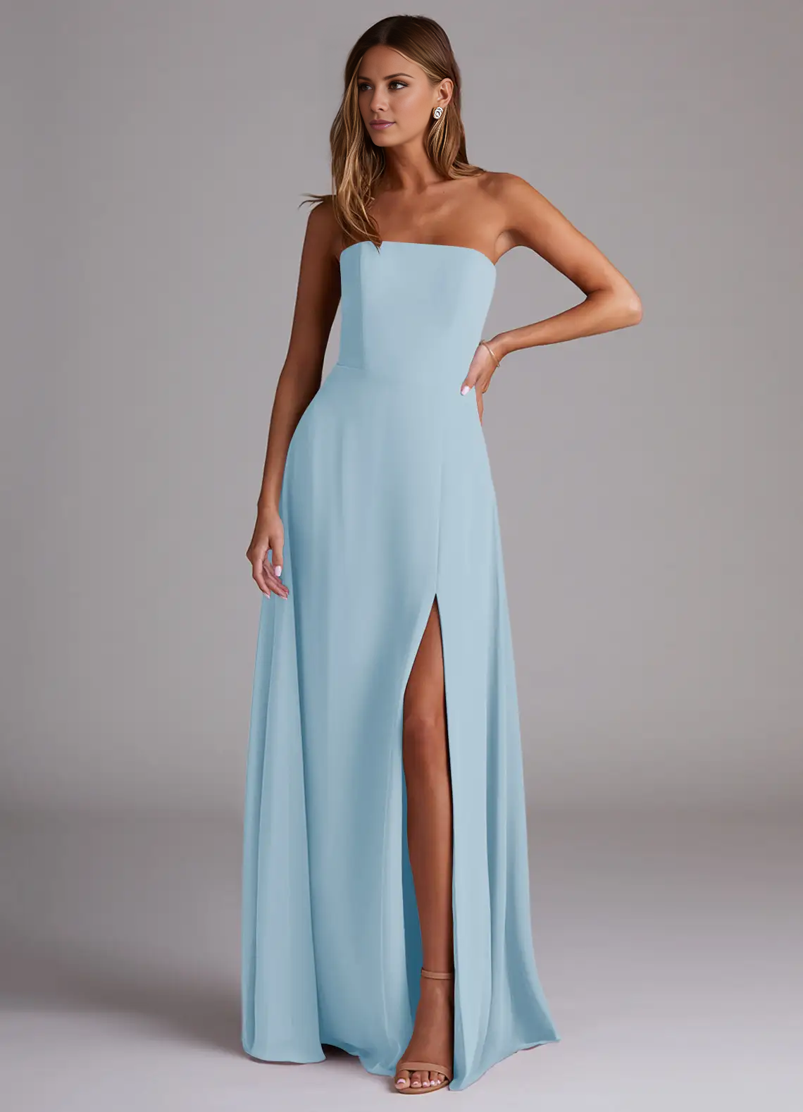 Vestido de dama de honor de corte A, de gasa con abertura lateral y largo hasta el suelo - Vestido Jimiss 