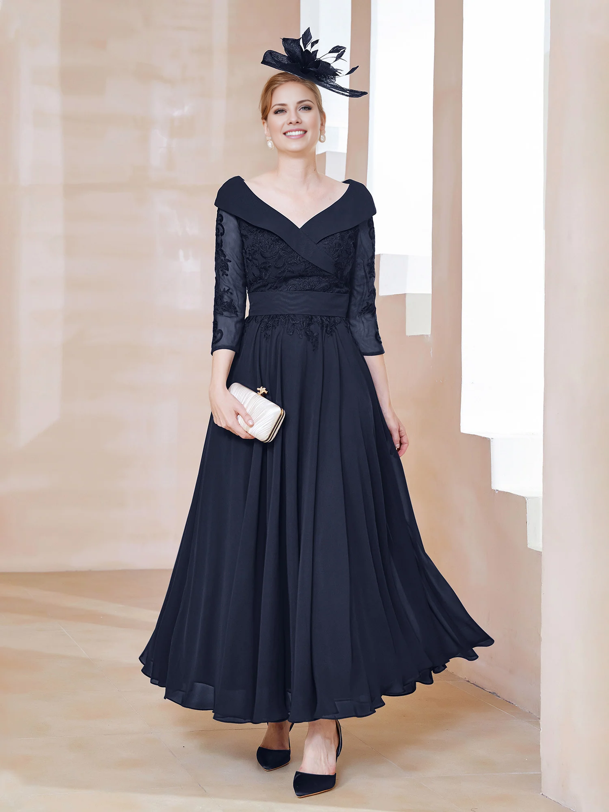 Dark Navy Chiffon A-Line Ankle-Length Off-the-Shoulder Evening Dress