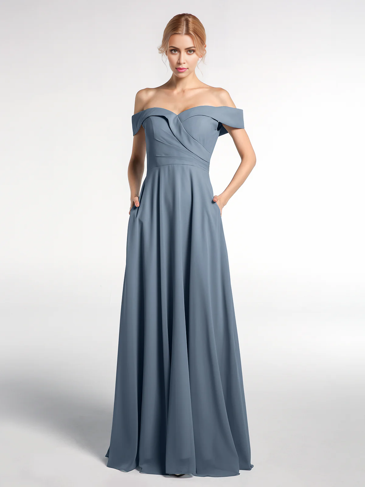 Vestido de falda redonda con bolsillos y hombros descubiertos