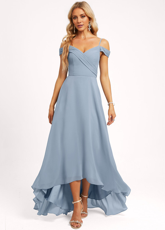Dusty Blue Chiffon A-Line Asymmetrical Sweetheart Dress with Draped Bodice and High-Low Ruffled Hem