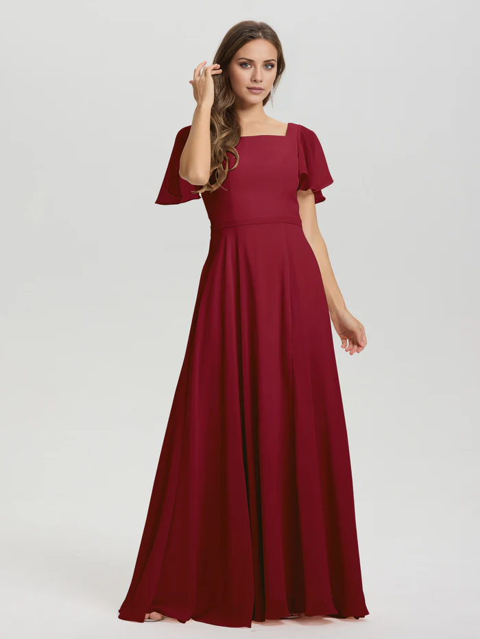 Vestido de dama de honor de gasa con cuello cuadrado, corte A, mangas cortas con volantes y largo hasta el suelo