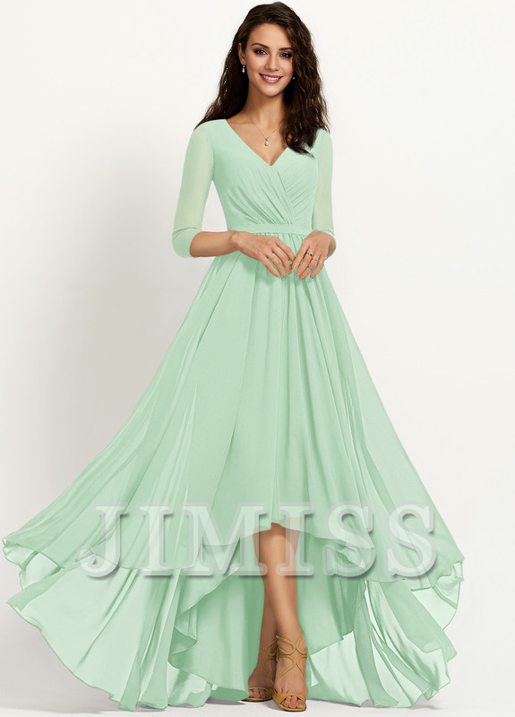 A-line V-neck asymmetric pleated chiffon bridesmaid dress