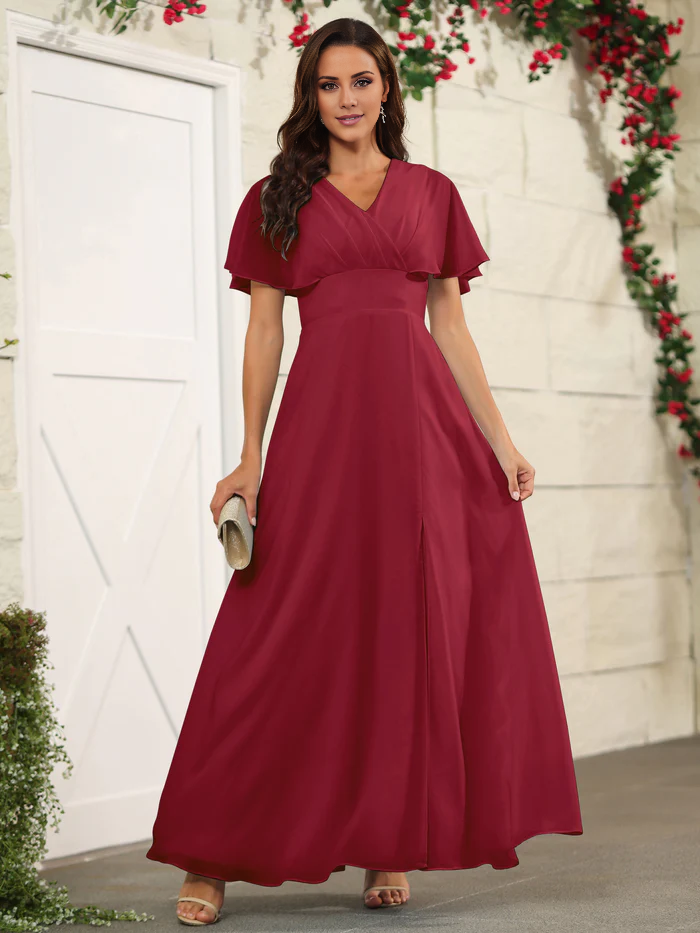 Chiffon short sleeved V-neck slit and floor length bridesmaid dress