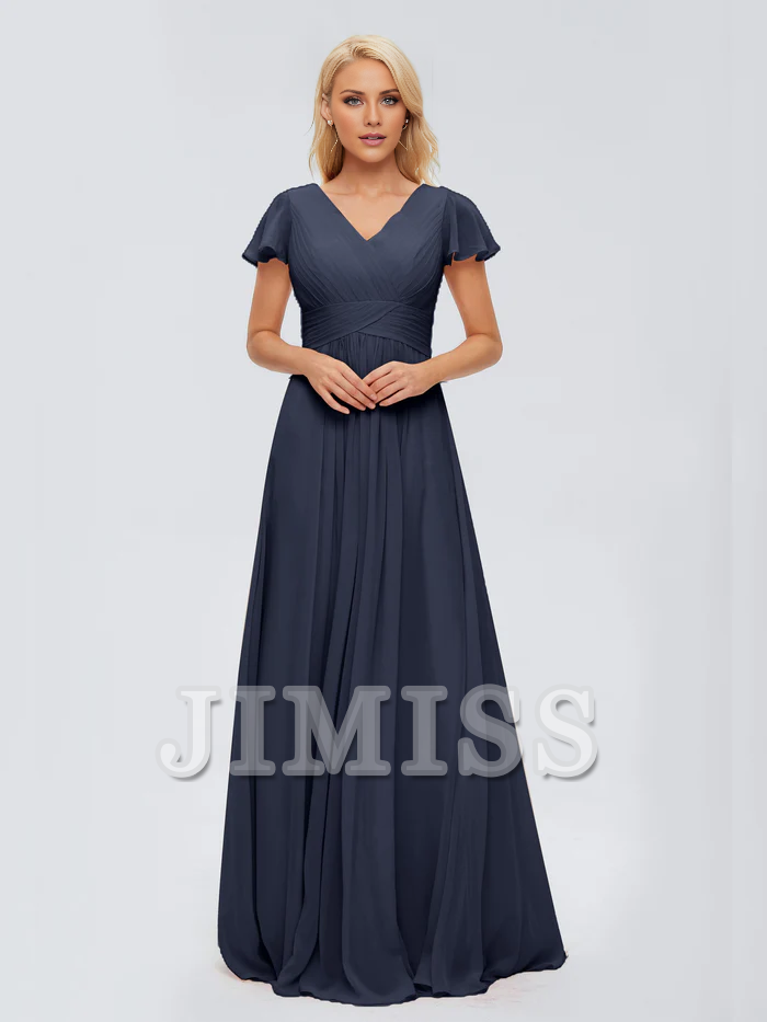 Abito da damigella d'onore in chiffon con scollo a V, spacco laterale e lunghezza al pavimento