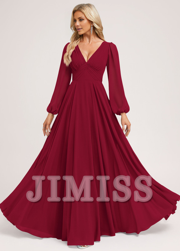 Abito da damigella d'onore in chiffon lungo fino al pavimento, con scollo a V e linea ad A