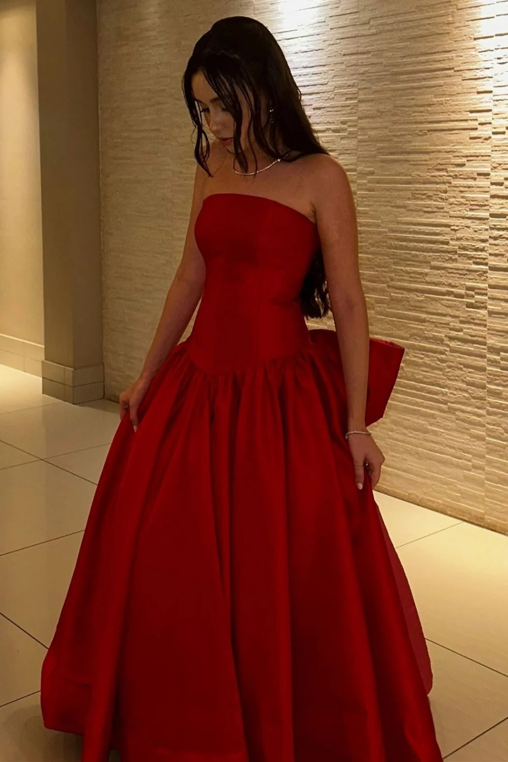 Red Strapless Ball Gown With Big Bow