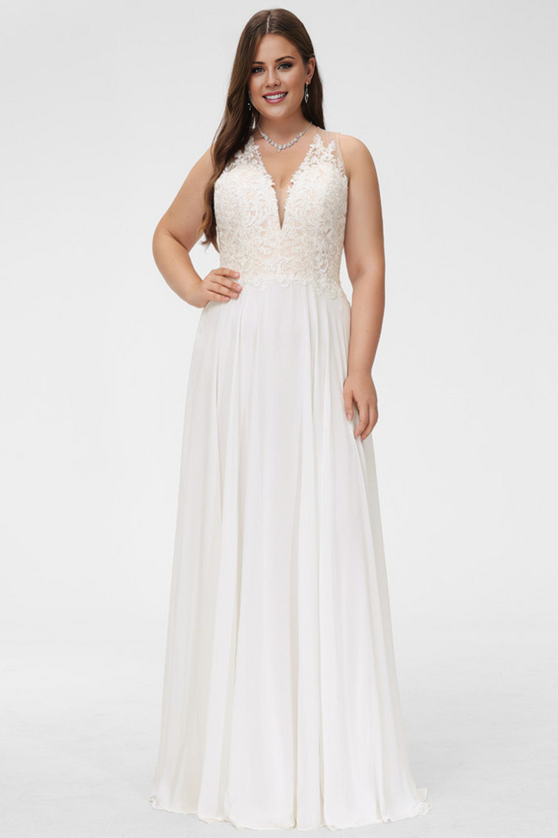 Abito da sposa in chiffon di pizzo senza maniche con scollo a V e scollo a V a trapezio