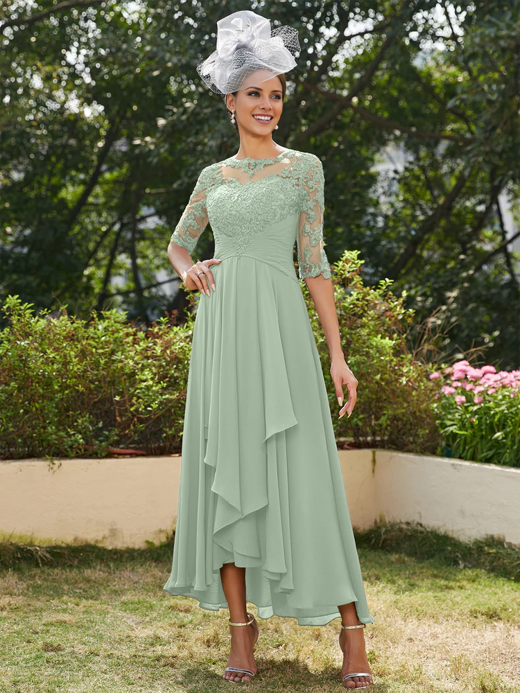 Slate Blue Chiffon A-Line Tea-Length Bridesmaid Dress with Illusion Neck