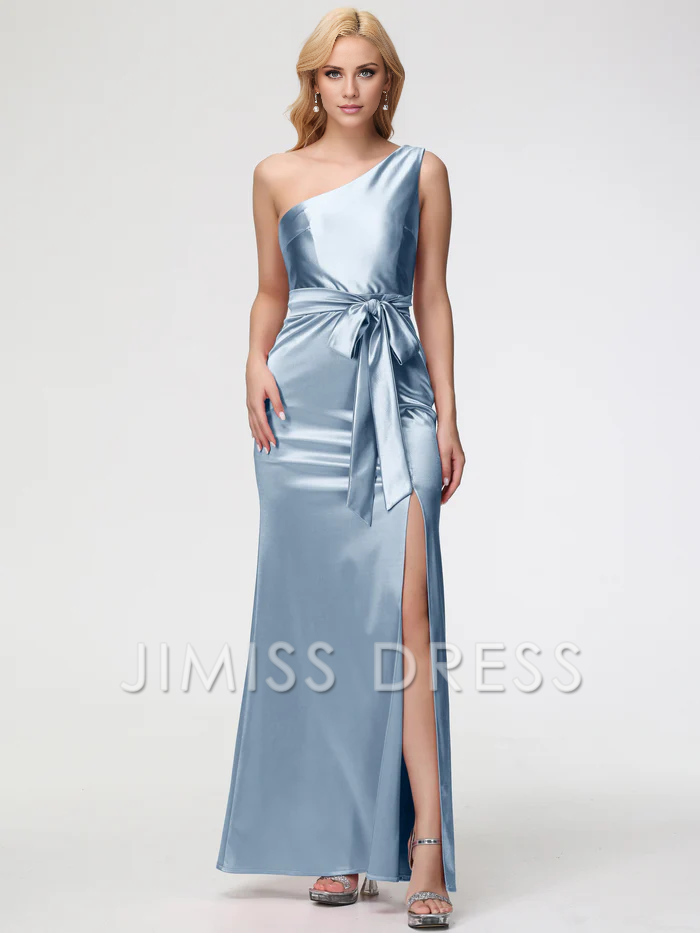 Jimiss single shoulder trumpet/mermaid sleeveless pleated satin Prom dress