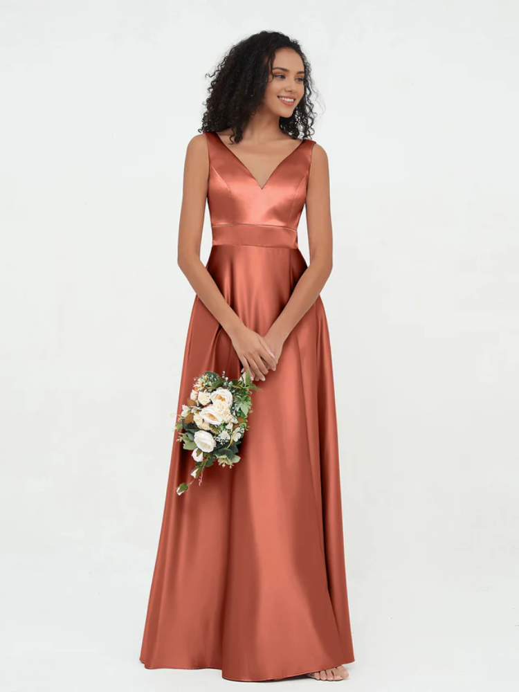 Olive Green Satin V-Neck A-Line Floor-Length Bridesmaid Dress