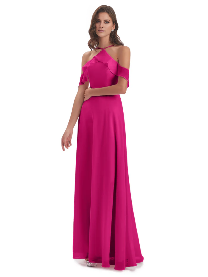 Tight off shoulder chiffon long and floor length bridesmaid dress