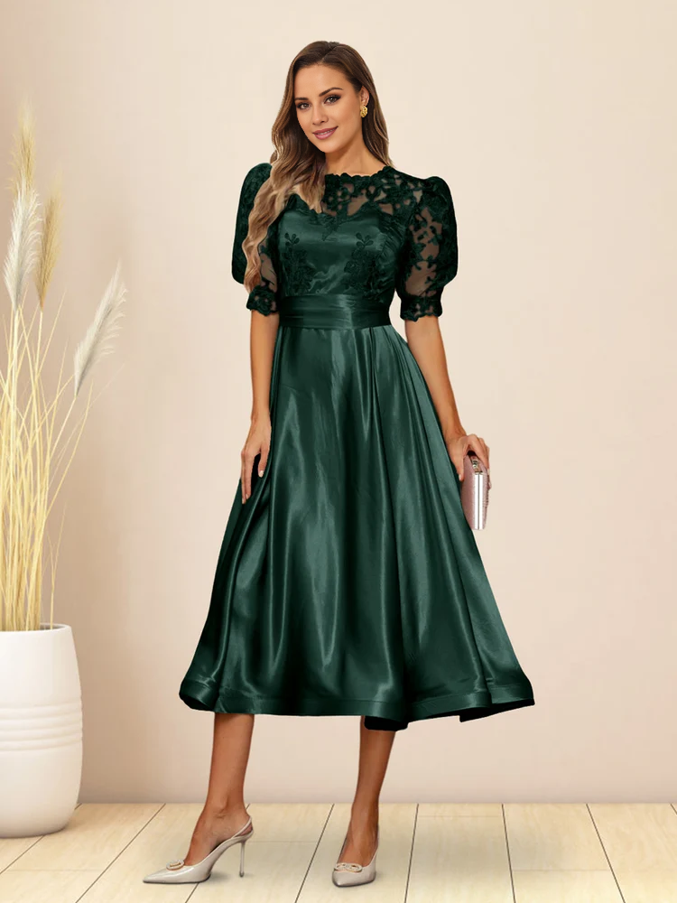 Green Satin Lace Bodice Puff Sleeve A-Line Tea-Length Evening Dress