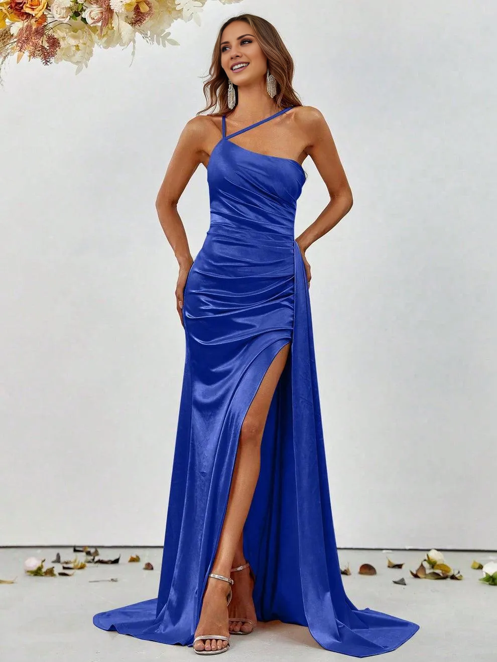 Mermaid asymmetrical neckline satin and floor length formal dresses