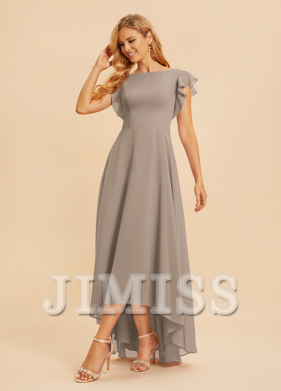 Vestido de dama de honor asimétrico de gasa con escote en A y volantes